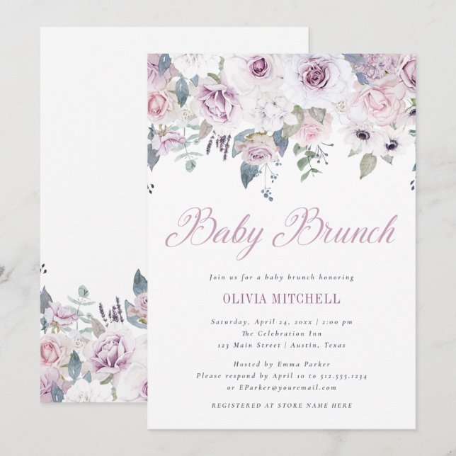 Invitation Violet | Brunch Floral Baby (Devant / Derrière)