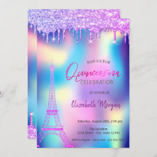 Invitation Violet chute tour Eiffel Holographique Quinceanera