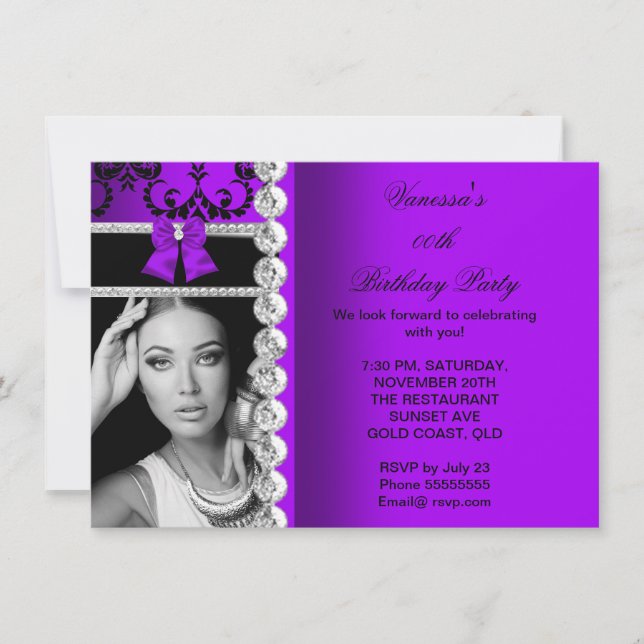 Invitation Violet Damask Black Jewel Bow Photo Anniversaire (Devant)