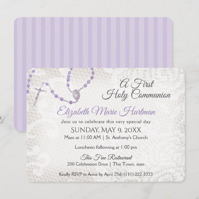 Invitation Violet de première communion Rosaire et dentelle (Devant / Derrière)