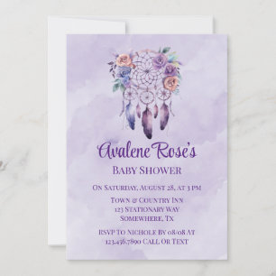 Invitation Violet Dreamcatcher et Fleurs Baby shower fille