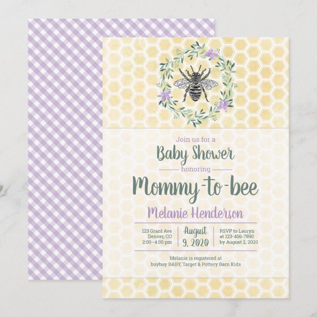 Invitation violet, en vichy, maman à être fille baby shower (Devant / Derrière)