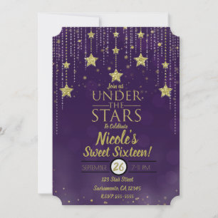 Invitation Violet et Or sous les étoiles Douce 16 étoilée