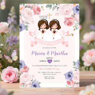 Invitation Violet et Rose TWIN Fille 1ère Sainte Communion Fl