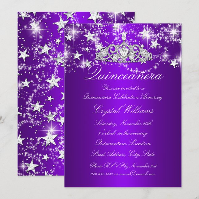 Invitation Violet Étincelle Tiara & Étoiles Quinceanera (Devant / Derrière)