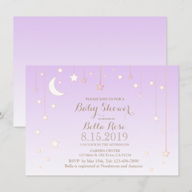 Invitation Violet étoile lune bébé baby shower fille (Devant / Derrière)