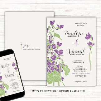 Invitation Violet Fleurs Letterpress Style Mariage