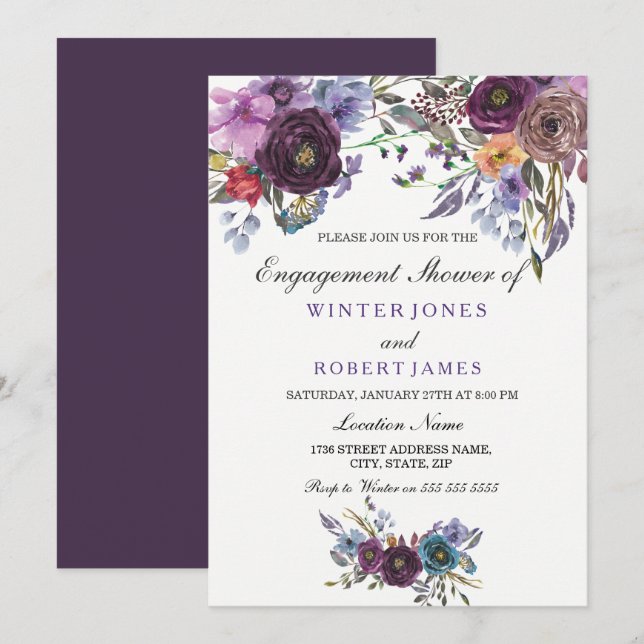 Invitation Violet Floral Mariage d'hiver Enagagement Douche (Devant / Derrière)