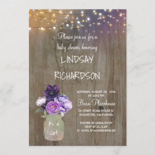Invitation Violet Floral Mason Jar Rustic Grange Baby shower