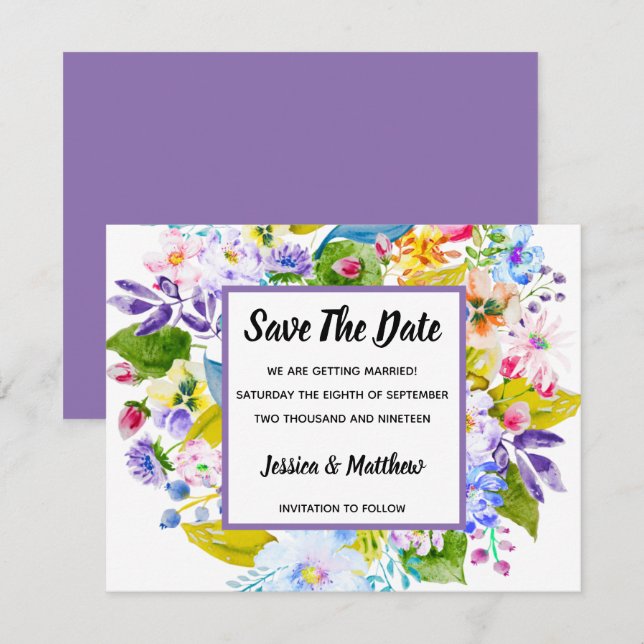 Invitation Violet Floral Romantique Enregistrer la date (Devant / Derrière)