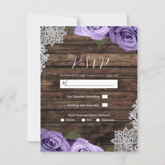 Invitation Violet Floral Rose Rustique mariage dentelle RSVP (Devant)