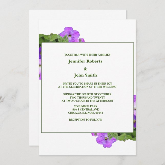Invitation Violet Floral Sage Vert Violet Simple Mariage (Devant / Derrière)