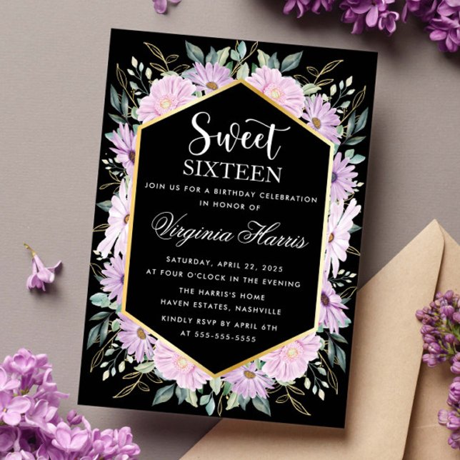 Invitation Violet Floral Sweet sixteen noir 16 Anniversaire (Créateur téléchargé)