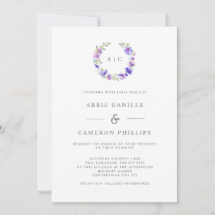 Invitation Violet Floral Wreath Monogram Wedding Invite