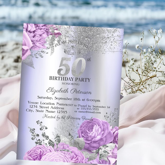 Invitation Violet Flowers Glitter Lilac 50th Birthday   (Créateur téléchargé)