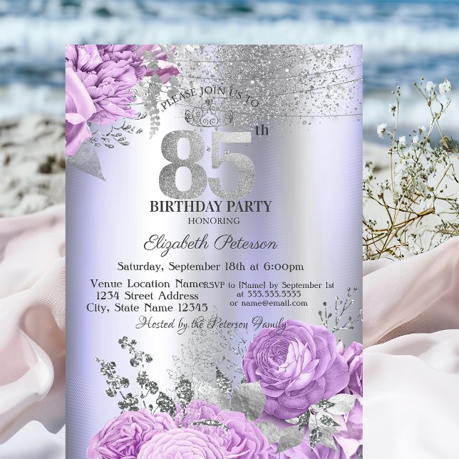 Invitation Violet Flowers Glitter Lilac 85th Birthday   (Créateur téléchargé)