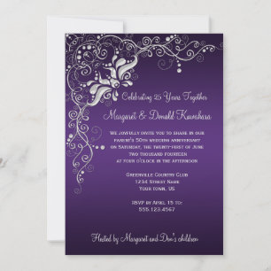 Invitation Violet foncé avec des volutes florales argentées o