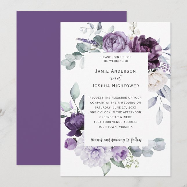 Invitation Violet foncé, Lavande, Mariage floral blanc (Devant / Derrière)