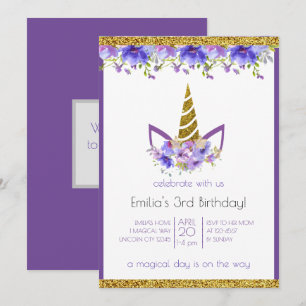 Invitation Violet frais Unicorn fille anniversaire