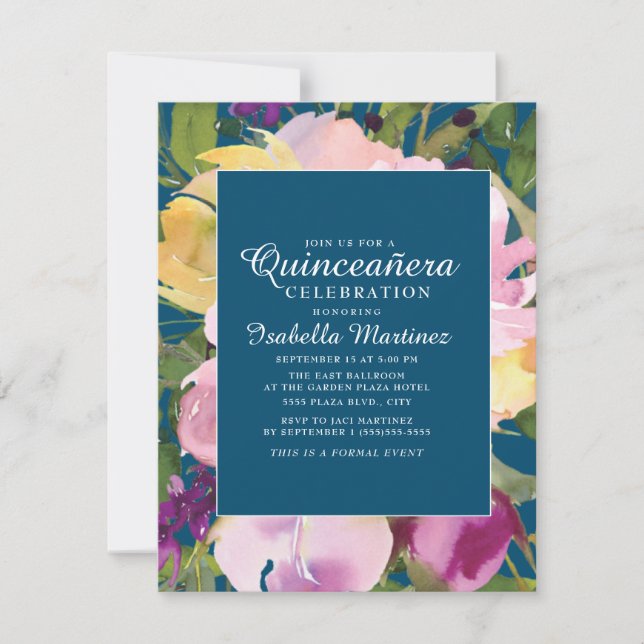 Invitation Violet Jaune Floral Marine Bleu Quinceañera (Devant)