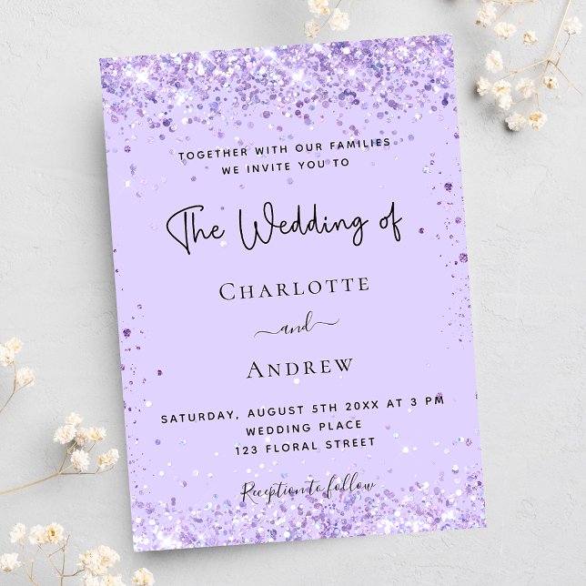 Invitation Violet lavande confetti script luxe mariage (Créateur téléchargé)