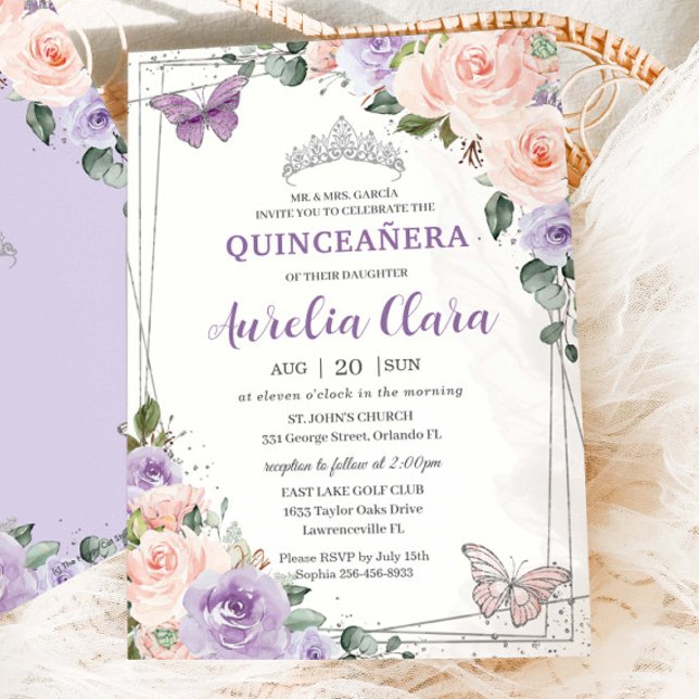 Invitation Violet Lilac Blush Floral Argent Quinceañera XV 16 (Créateur téléchargé)