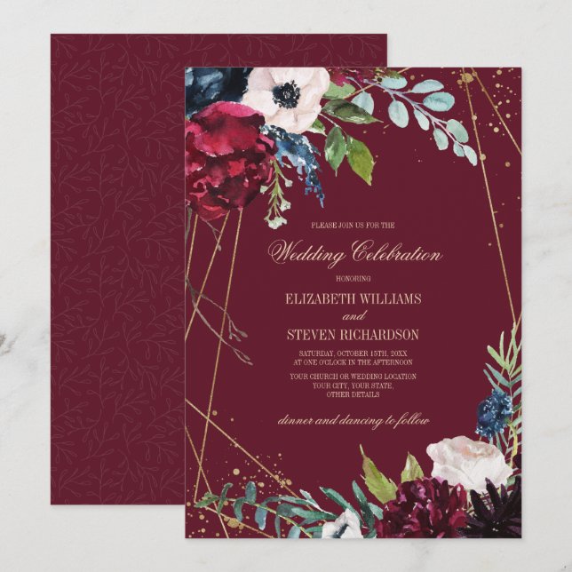 Invitation Violet | Mariage géométrique floral bleu marine (Devant / Derrière)