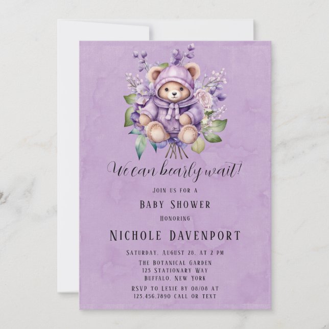 Invitation Violet mignon Ours Teddy Floral Nous Pouvons Atten (Devant)