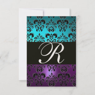Invitation VIOLET NOIR DAMAS MONOGRAMME RSVP , bleu turquoise