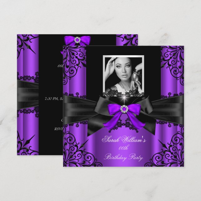 Invitation Violet noir dentelle photo élégante fête d'anniver (Devant / Derrière)