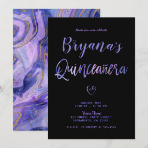 Invitation Violet Noir Or Marbre Chic Glam 15 Quinceañera