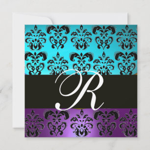 INVITATION VIOLET NOIR SARCELLE BLEU TURQUOISE DAMAS MONOGRAM