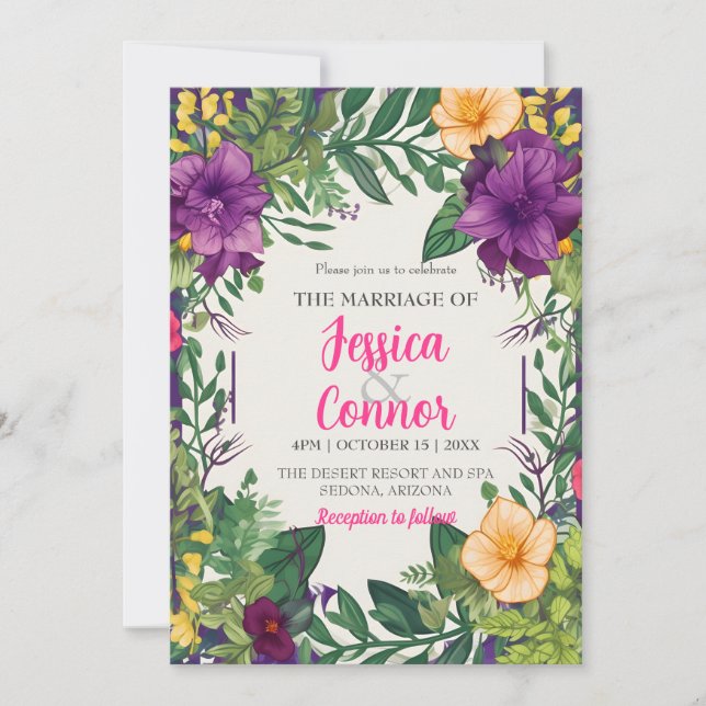 Invitation Violet Orange Floral Mariage Feuilles Vibrant coul (Devant)