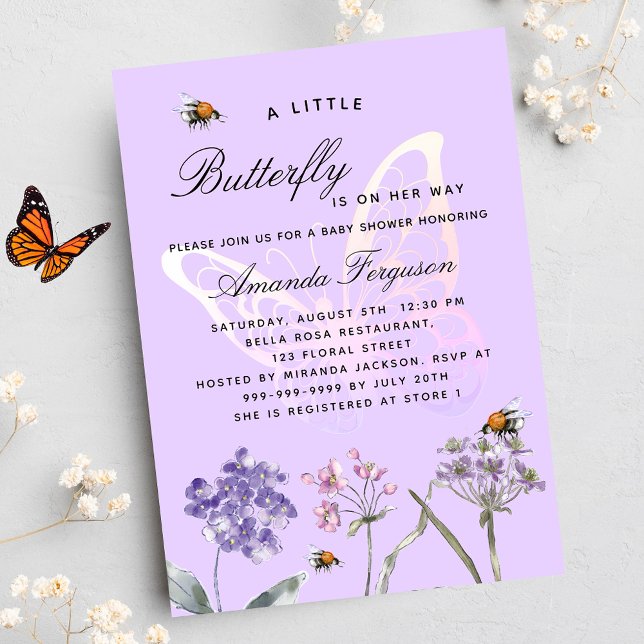 Invitation Violet papillon fleur sauvage baby shower de luxe (Créateur téléchargé)