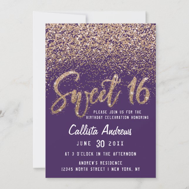 Invitation Violet Parties scintillant dorée Ombre Sweet 16 (Devant)