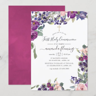 Invitation Violet, Plum et Blush Floral Première sainte commu