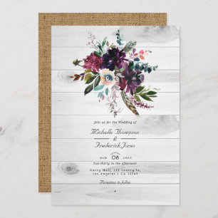 Invitation Violet Plum Floral Rustique QR Code Mariage de Boh