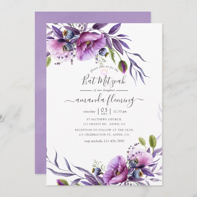 Invitation Violet pourpre Bat mitzvah floral (Devant / Derrière)