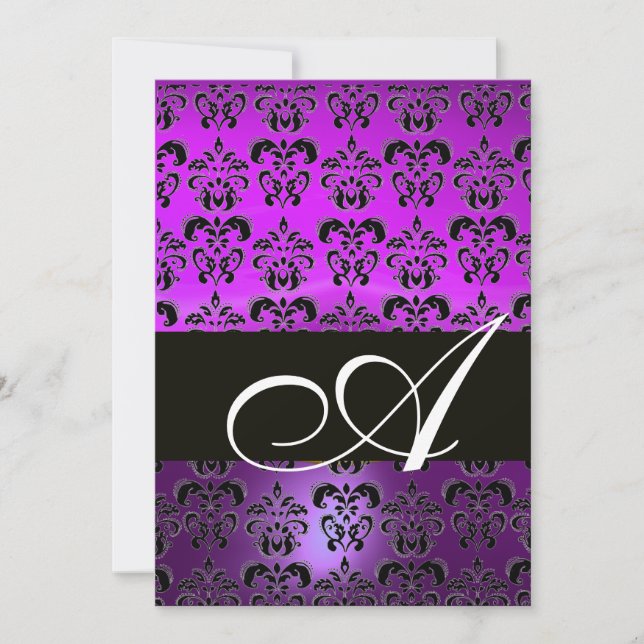 Invitation VIOLET POURPRE NOIR  DAMAS MONOGRAMME, blanc (Devant)