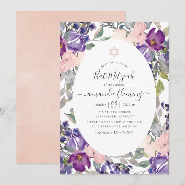 Invitation Violet, prune et Bat mitzvah floral floue (Devant / Derrière)