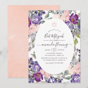Invitation Violet, prune et Bat mitzvah floral floue