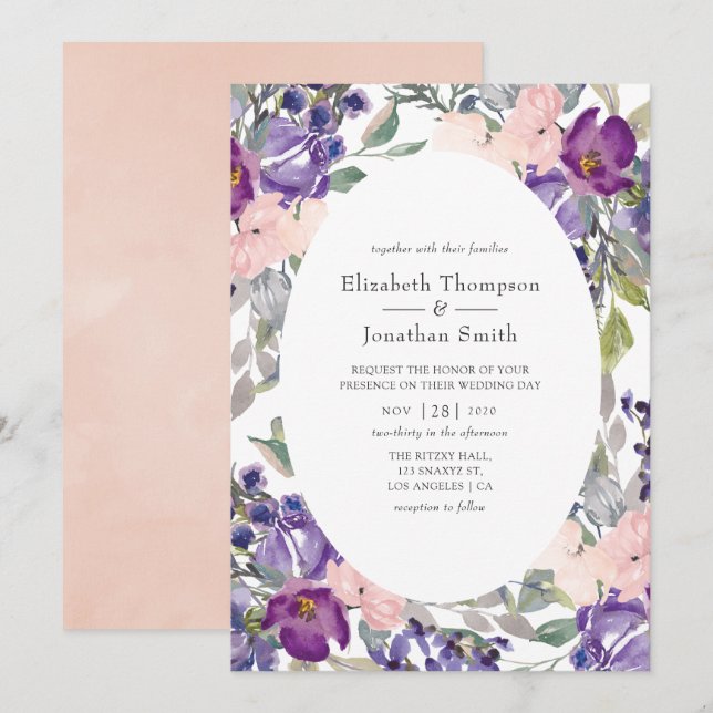 Invitation Violet, prune et Mariage floral floue (Devant / Derrière)