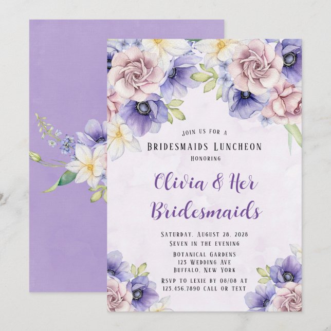 Invitation Violet Purple Aquarelle Floral Bridesmaids Déjeune (Devant / Derrière)