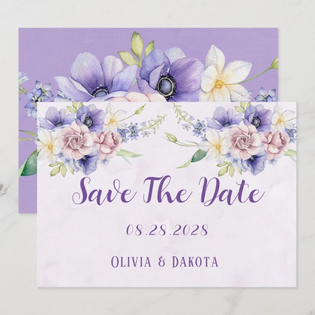Invitation Violet Purple Aquarelle Floral Enregistrer La Cart (Devant / Derrière)
