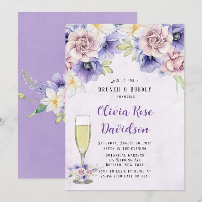 Invitation Violet Purple Aquarelle Florals Brunch & Bubbly (Devant / Derrière)
