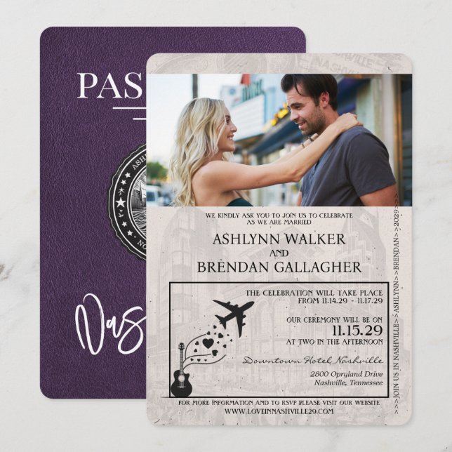 Invitation Violet Purple Nashville Mariage de passeport (Devant / Derrière)