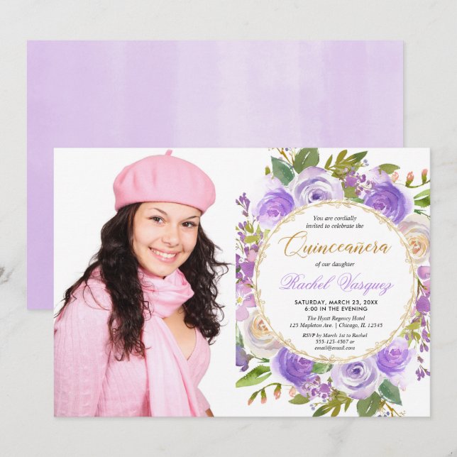 Invitation Violet Quinceanera lavande florale lilas photo (Devant / Derrière)