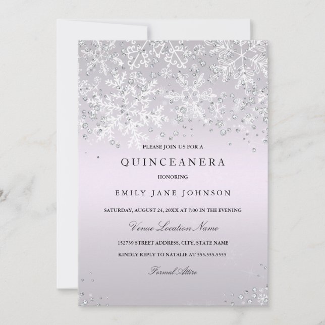 Invitation Violet Quinceanera Winter Wonderland Snowflakes (Devant)