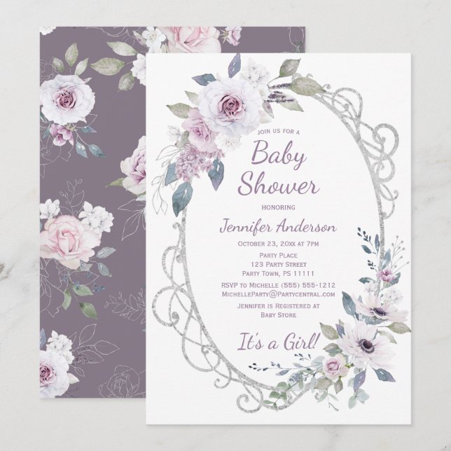 Invitation Violet Rose Floral Parties scintillant Argent Baby (Devant / Derrière)