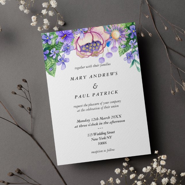 Invitation Violet rose lavande or fleur sauvage Mariage (Violet pink lavender gold wildflowers Wedding )